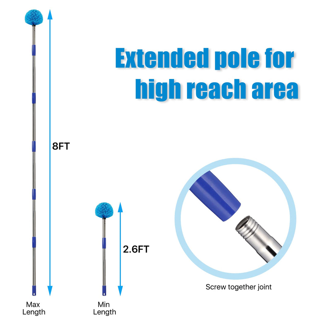 Extendable Cobweb Duster with Extension Pole, Fan Cleaner Duster for Ceiling with 8ft Long Handle, Spider Web Brush Cleaning Kit for High Reach, Furniture, Indoor &amp; Outdoor Use, 96 Inch
