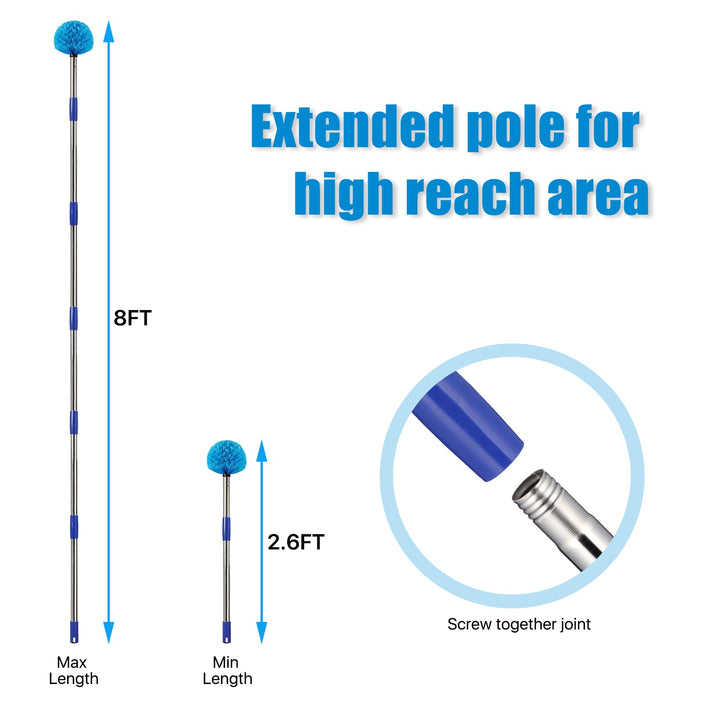 Extendable Cobweb Duster with Extension Pole, Fan Cleaner Duster for Ceiling with 8ft Long Handle, Spider Web Brush Cleaning Kit for High Reach, Furniture, Indoor &amp; Outdoor Use, 96 Inch
