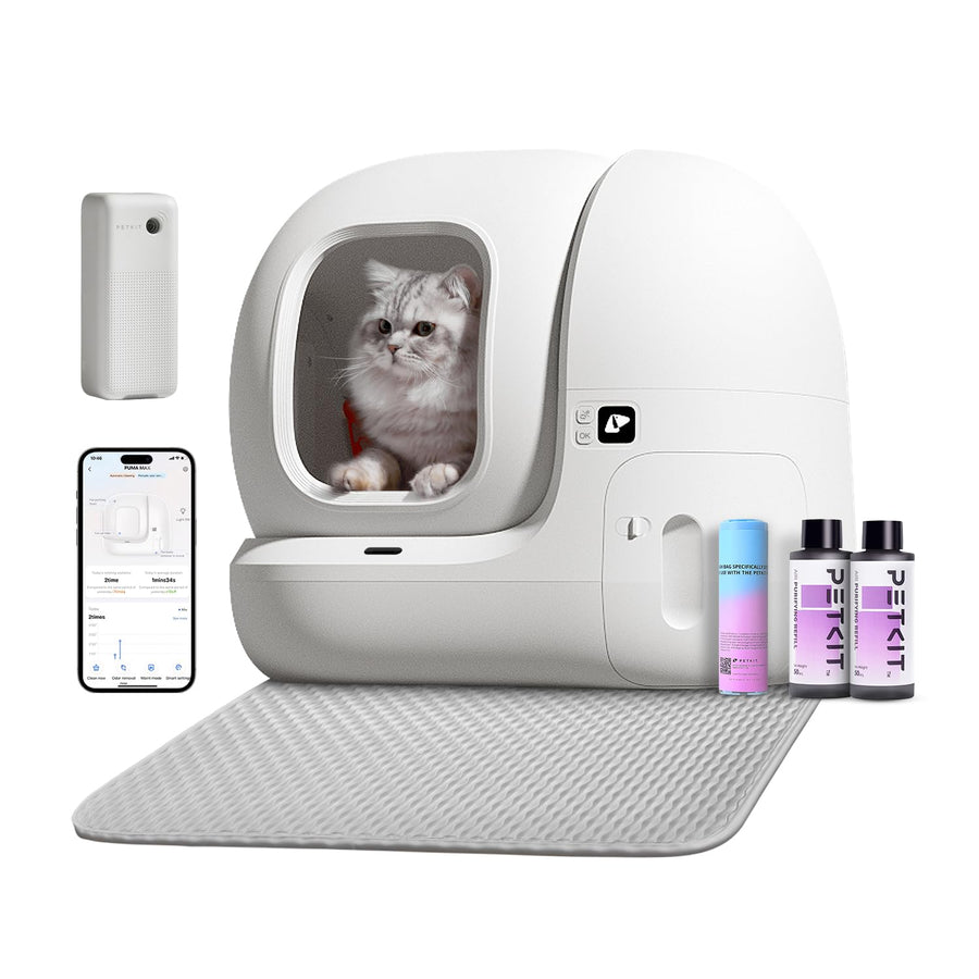 Self Cleaning Cat Litter Box, PuraMax Cat Litter Box for Multiple Cats, App Control/xSecure/Odor Removal Automatic Cat Litter Box Includes Trash Bags and K3 Smart Air Purifier Spray