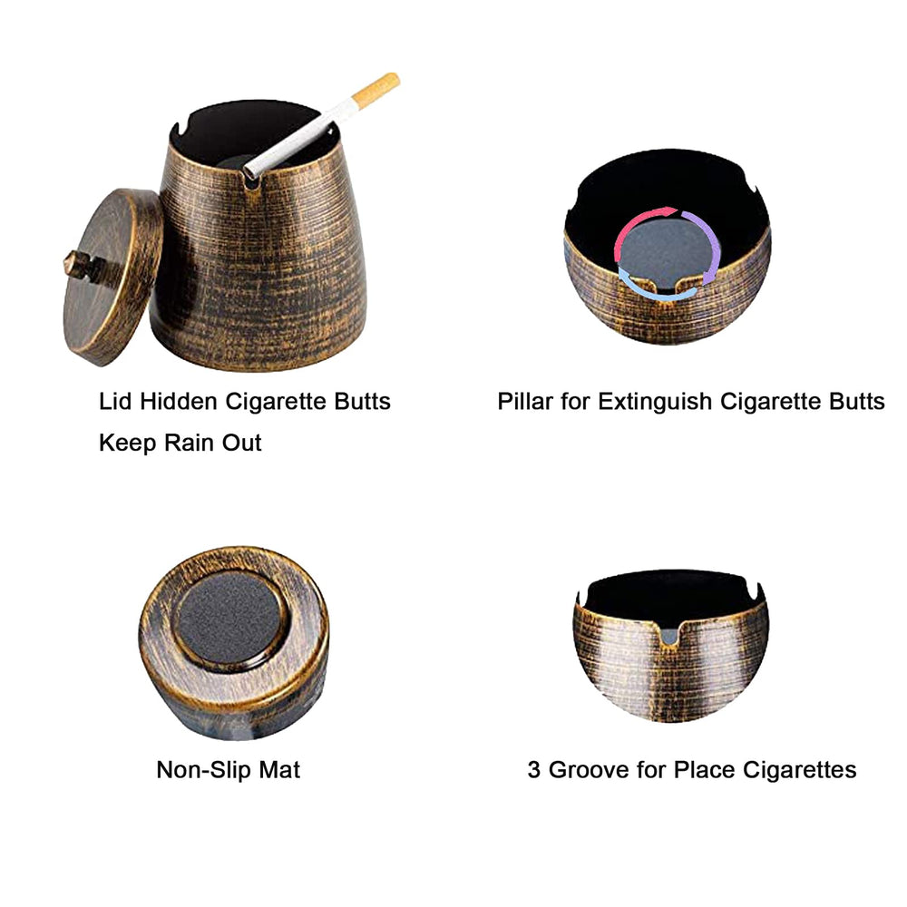 Outdoor Ashtray with Lid,Smokeless Iron Ash Tray,Odorless Car Ashtrays,Smell Proof Windproof Ashtrays for Outside Patio Home Office Tableto (Medium)