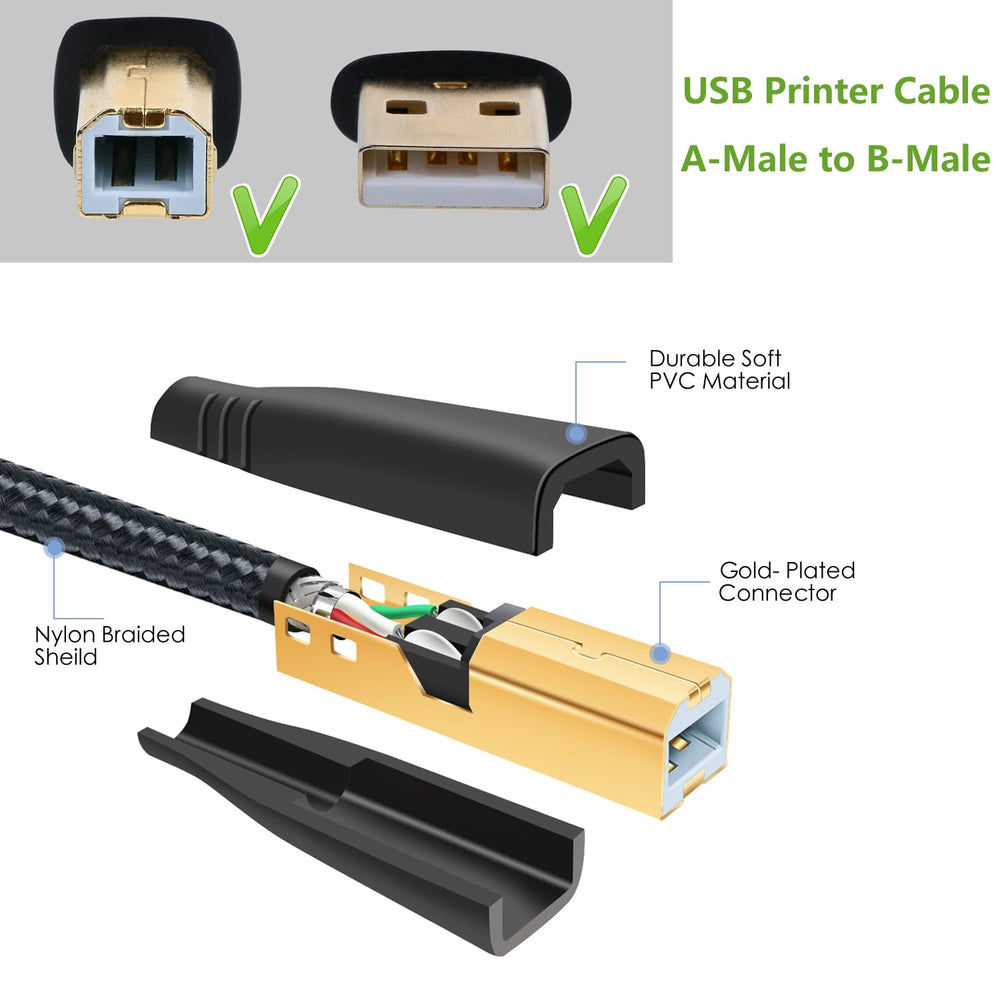 USB Printer Cable 10FT, USB 2.0 Type A-Male to B-Male Printer Cable Scanner Cord Durable Nylon Braided with Gold-Plated Connector Compatible for Samsung/Dell/Epson/HP/Canon/Brother (2-Pack)