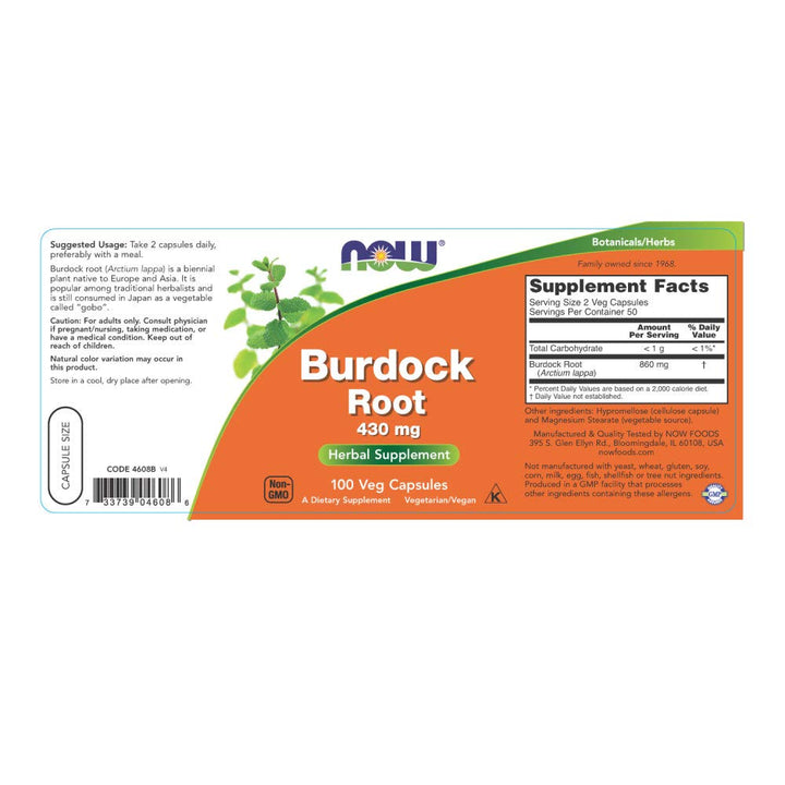 Now Foods Burdock Root, 100 Caps 430 mg