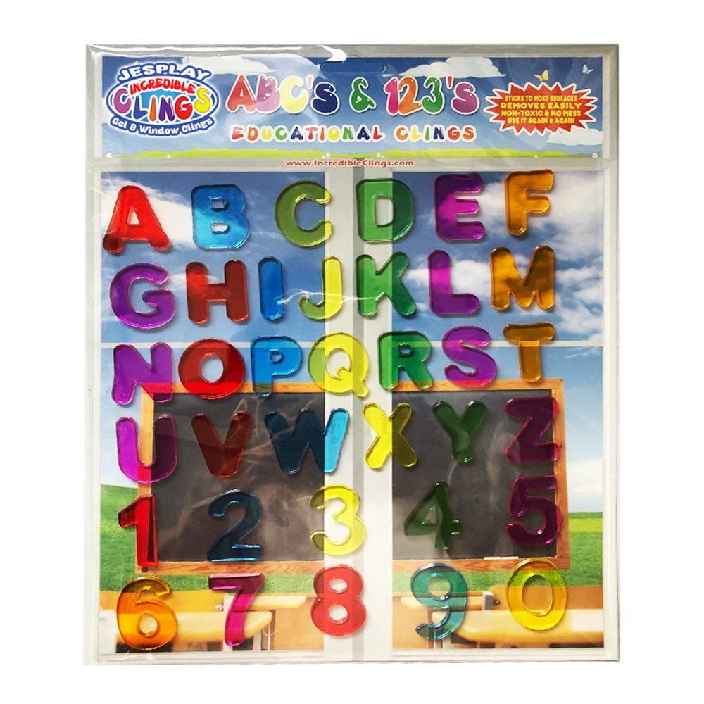 ABC &amp; 123 Gel Window Clings for Kids -Letters and Numbers Window Stickers for Toddlers, Gel Clings Window Decals Kids Jelly Reusable Sticker - Classroom Car Plane Airplane Activities (Jesplay USA)