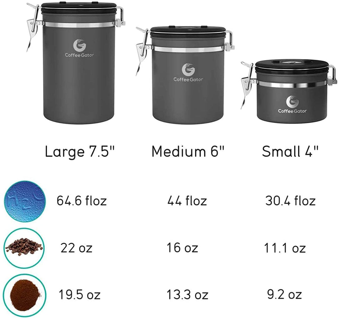 Stainless Steel Coffee Grounds and Beans Container Canister with Date-Tracker, CO2-Release Valve and Measuring Scoop - Large, 22oz, Gray