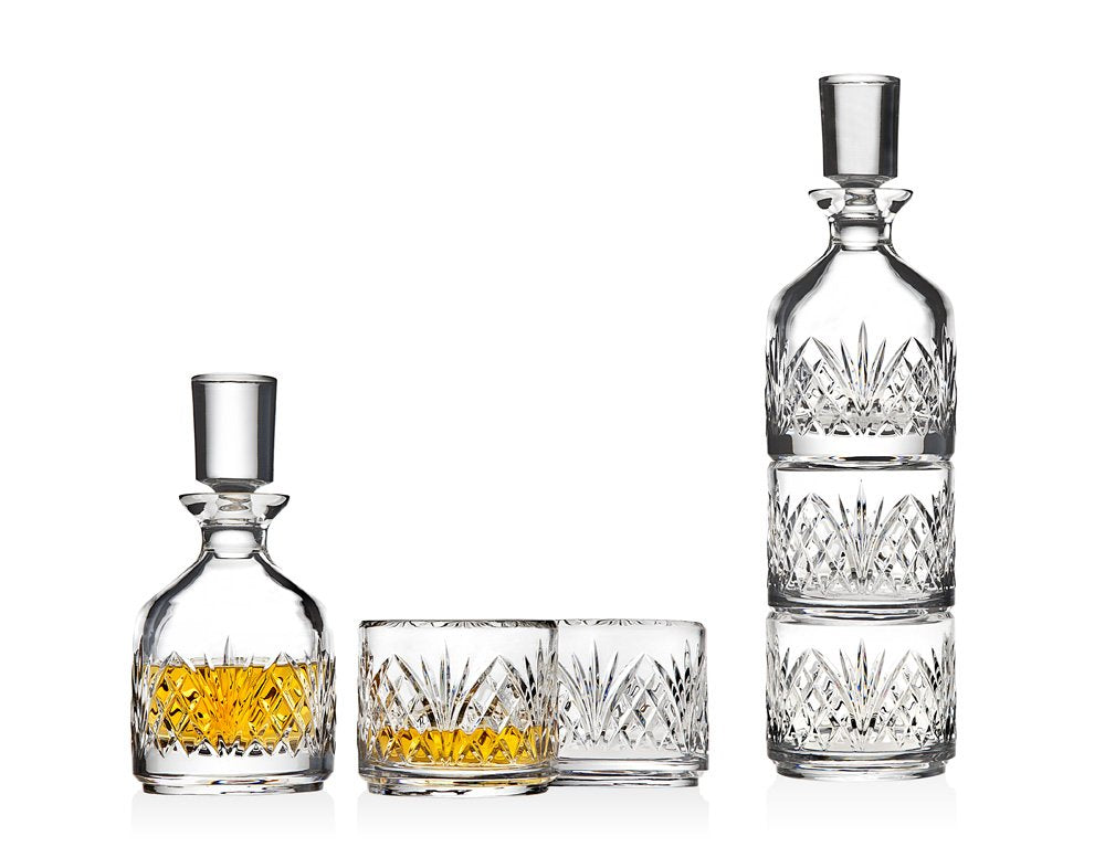 Stackable Whiskey Decanter and Whisky Glasses Dublin 3 pc set, for Liquor Scotch Bourbon or Wine
