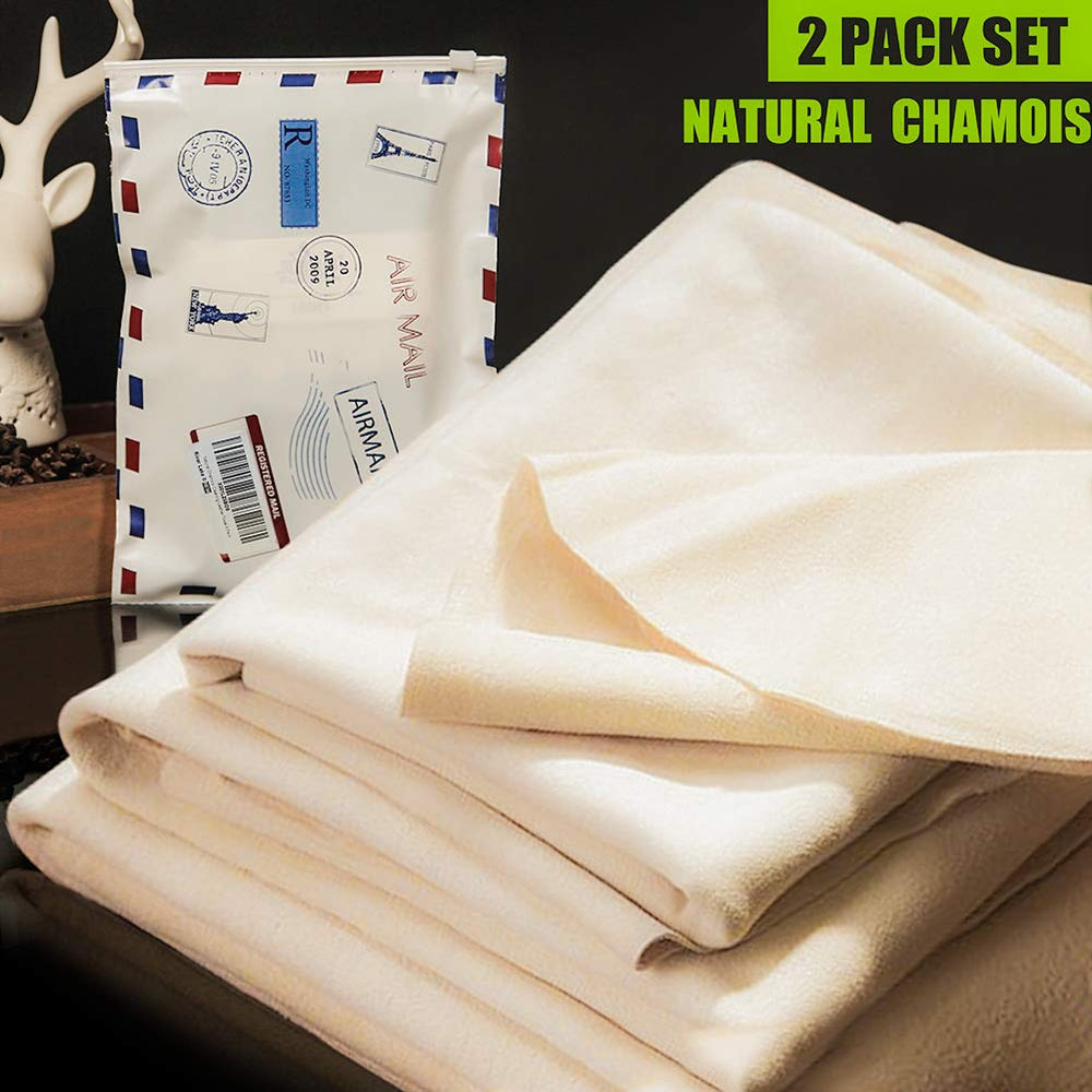 Car Drying Towel Natural Chamois Cleaning Cloth, Super Absorbent, for Auto Car Washing and for Precision Instrument (15.7in x19.5in 2-Pack)