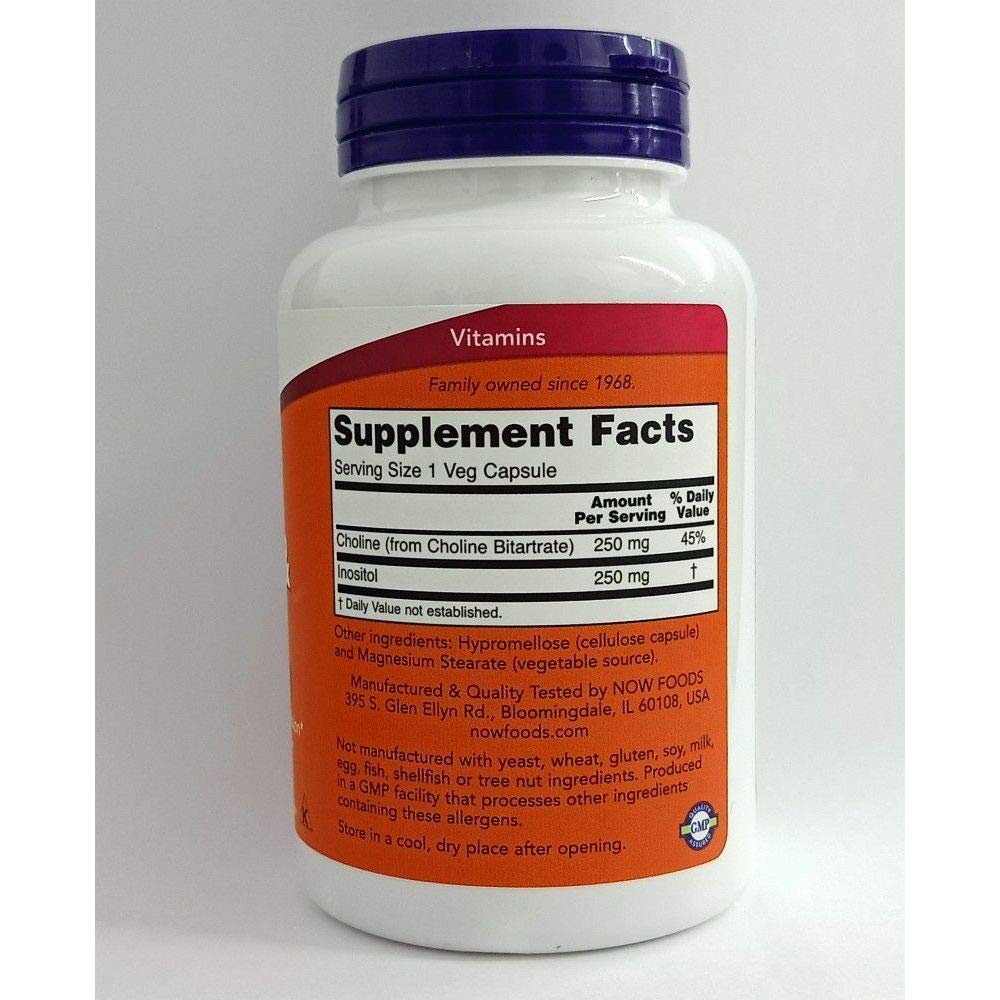 NOW Choline and Inositol 500mg, 100 Capsules (Pack of 2)