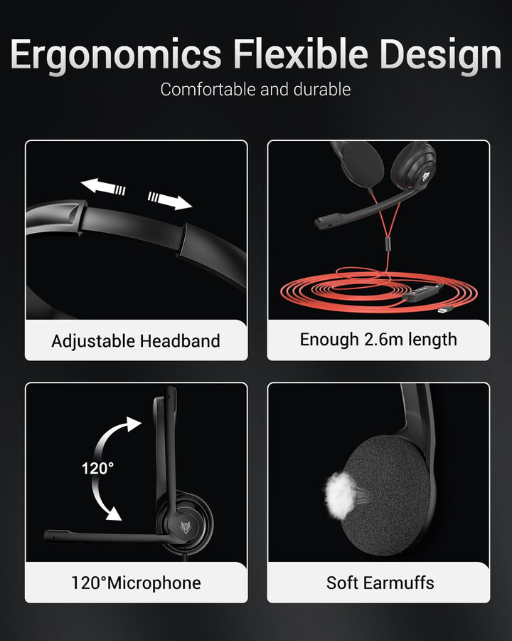 HW02 USB Computer Headset with Clear Chat Microphone, Lightweight On-Ear Wired Headset for MS Teams, Skype, Webinars, Call Center and More (Black)