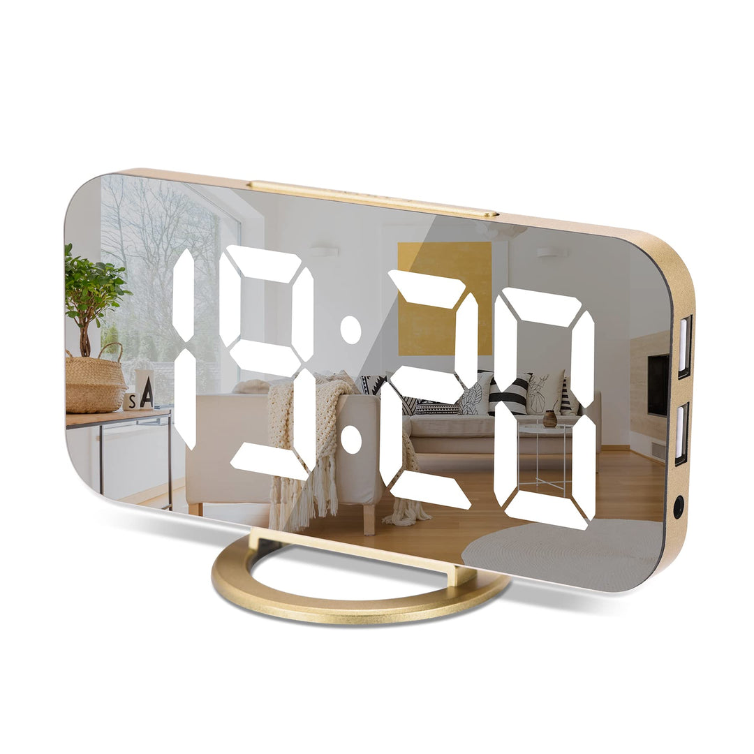 Digital Alarm Clock,6 Large LED Display with Dual USB Charger Ports | Auto Dimmer Mode | Easy Snooze Function, Modern Mirror Desk Wall Clock for Bedroom Home Office for All People (Gold)