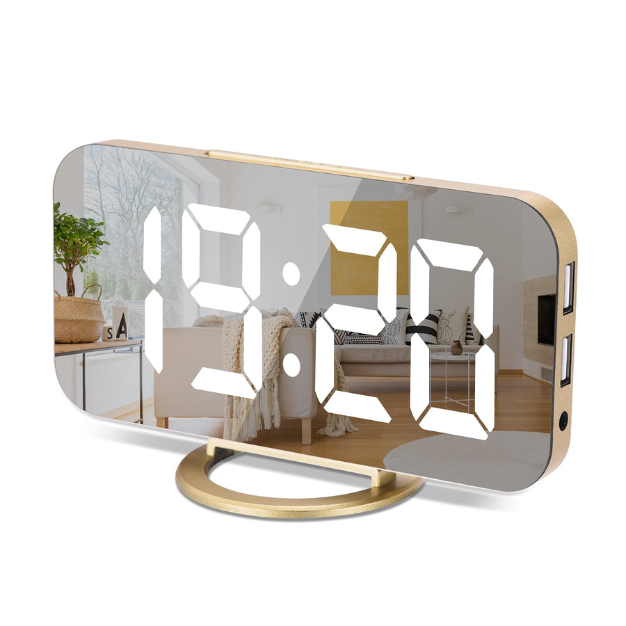 Digital Alarm Clock,6 Large LED Display with Dual USB Charger Ports | Auto Dimmer Mode | Easy Snooze Function, Modern Mirror Desk Wall Clock for Bedroom Home Office for All People (Gold)