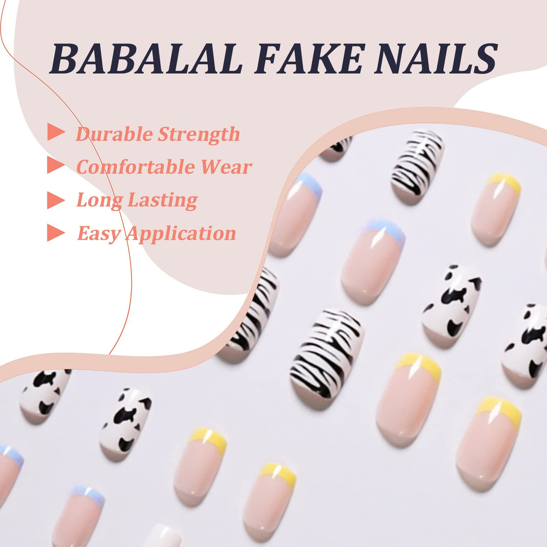 Square Press on Nails, 24Pcs Cute Fake Nails Glossy Acrylic False Nails with Design for Women and Girls
