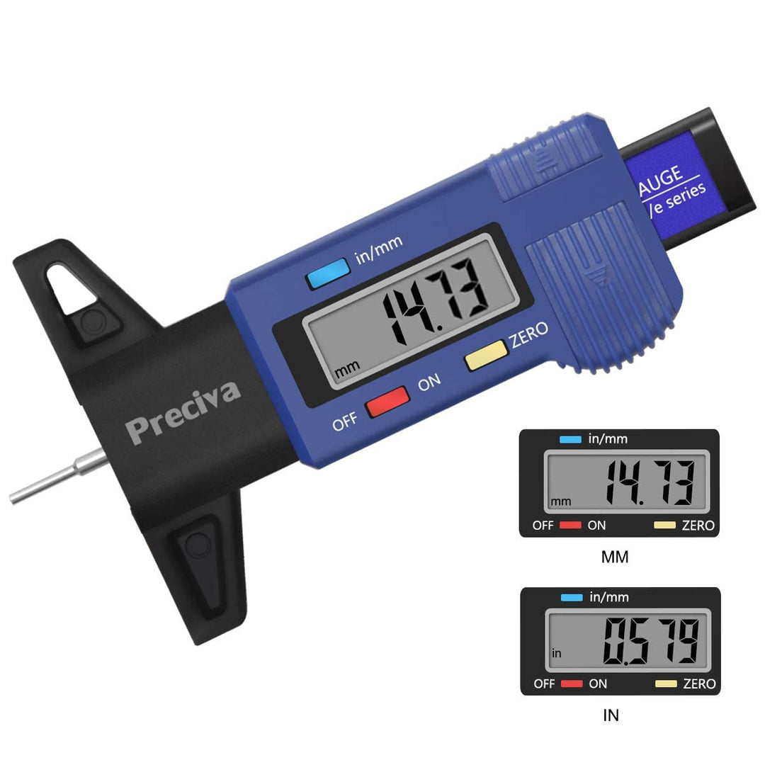 Tire Tread Depth Gauge, Preciva LCD Digital Tire Tread Depth Gauge Tool with Decimal Inch and MM Conversion of 0-1 Inches/ 0-25.4mm(NO 32nds Fraction Inch Display).