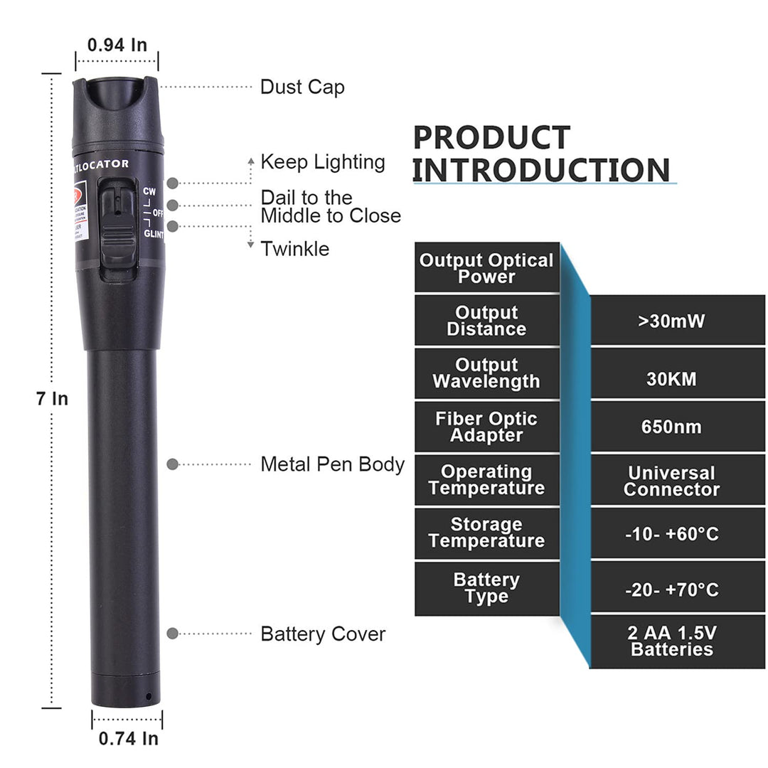 Visual Fault Locator + FC/LC Adapter Kit 30mW 30KM, VFL Include Single Mode 9/125um FC Male to LC Female Adapter, Red Light Pen for Fiber Network Cable Test, Fiber Optic Source Tester Detector Meter