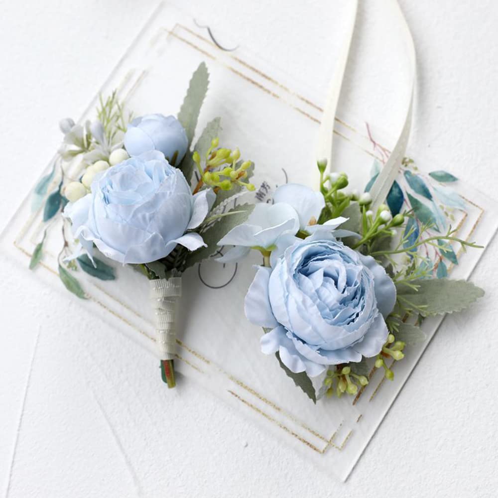 2Pcs Artificial Flowers Wrist Corsage and Boutonniere Set, Groom Groomsmen Bride Bridesmaids Wedding Flowers Accessories Prom Party Suit Decorations - Light Blue