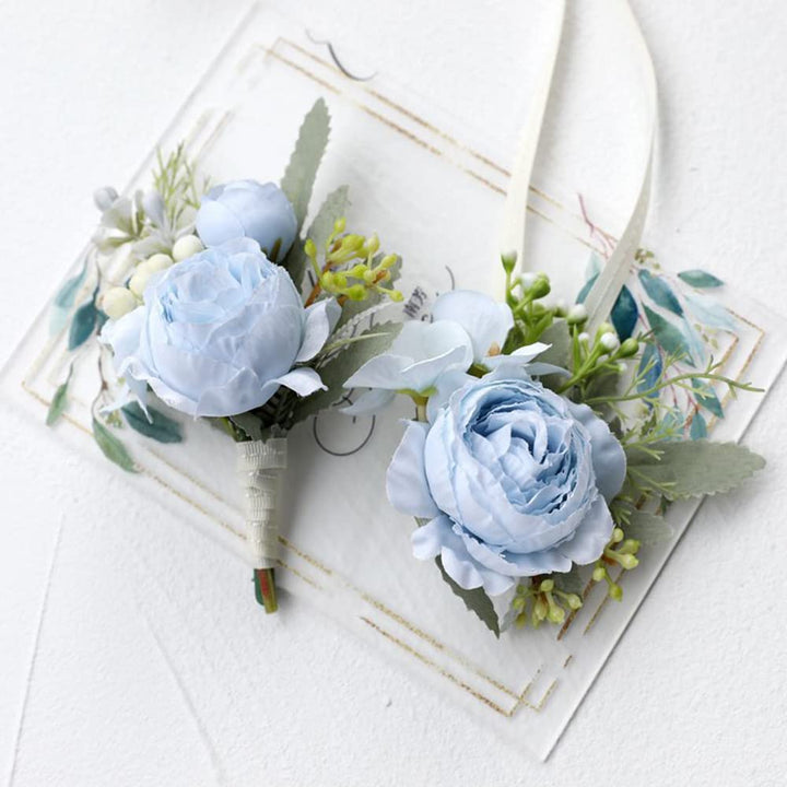 2Pcs Artificial Flowers Wrist Corsage and Boutonniere Set, Groom Groomsmen Bride Bridesmaids Wedding Flowers Accessories Prom Party Suit Decorations - Light Blue