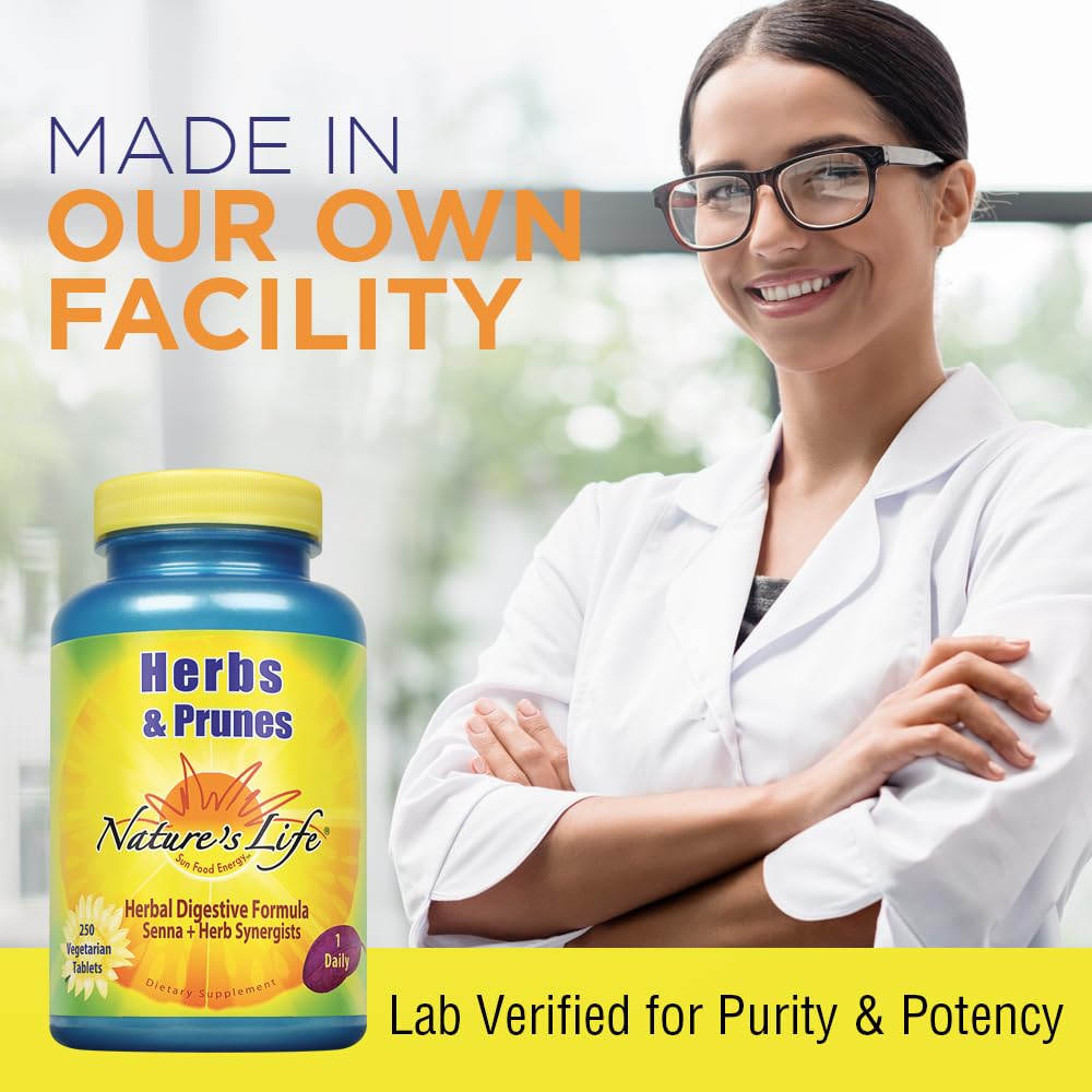 Natures Life Herbs &amp; Prunes | 400mg Senna &amp; Herbal Blend for Healthy Digestion Support | Non-GMO | 250 Tabs, 250 Serv.