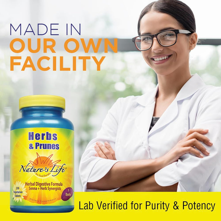 Natures Life Herbs &amp; Prunes | 400mg Senna &amp; Herbal Blend for Healthy Digestion Support | Non-GMO | 250 Tabs, 250 Serv.