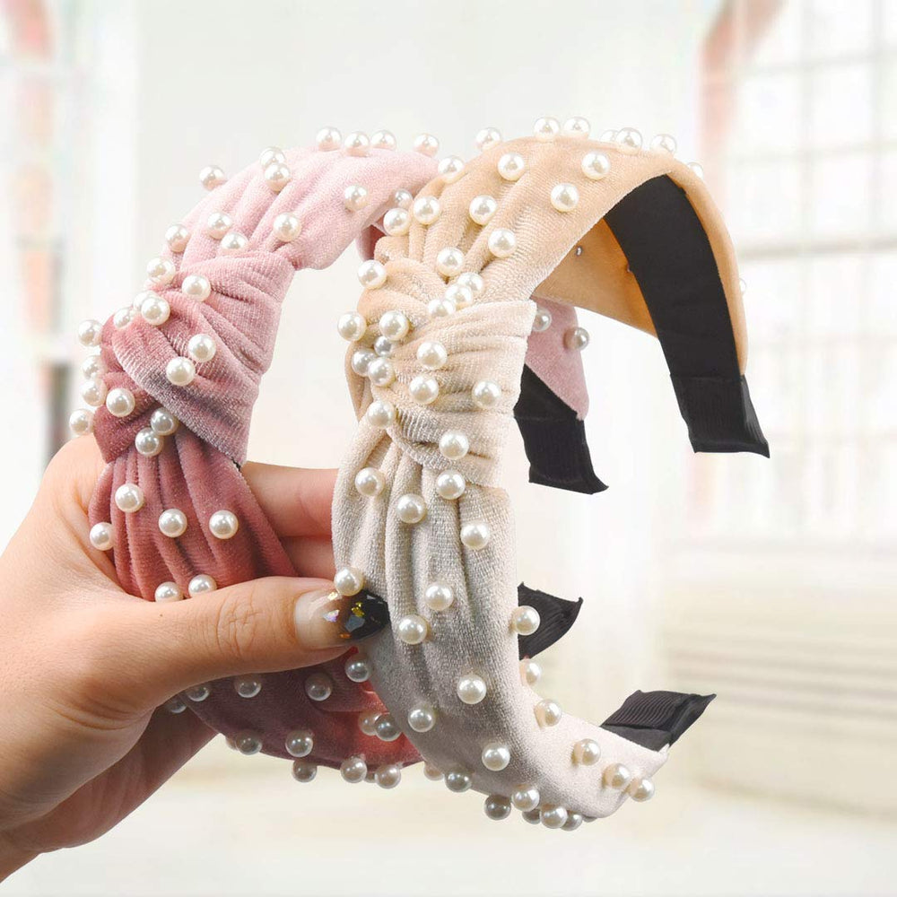 4 Pack Velvet Wide Headbands Knot Turban Hairband Vintage Head wrap with Faux Pearl Elastic Hair Hoops Fashion Hair Accessories for Women and Girls, Great Christmas gift(4 Colors)