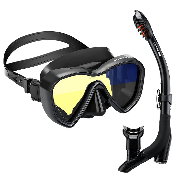Snorkel Set, Anti-Fog Panoramic View Snorkel Mask and Anti-Leak Dry Snorkel Tube, Snorkeling Gear for Adults, Snorkel Kit Bag Included (Black)