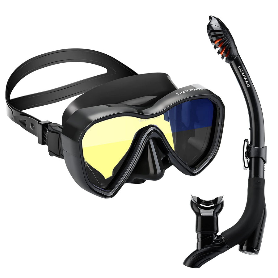 Snorkel Set, Anti-Fog Panoramic View Snorkel Mask and Anti-Leak Dry Snorkel Tube, Snorkeling Gear for Adults, Snorkel Kit Bag Included (Black)