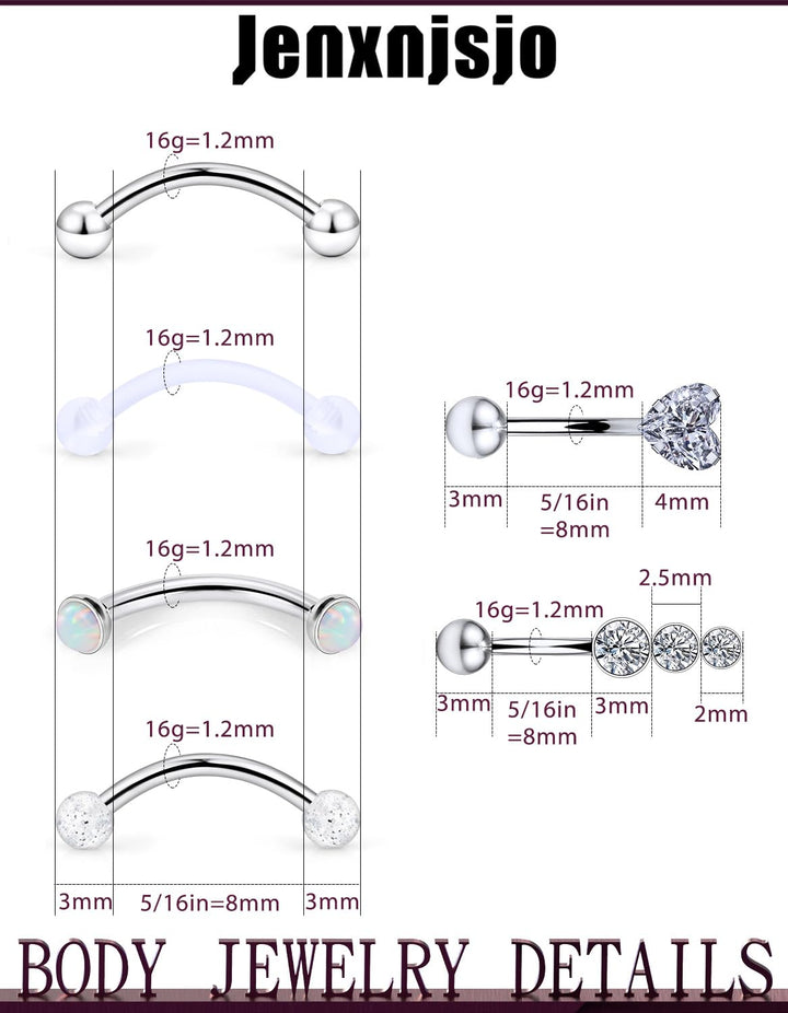 Eyebrow Rook 16g Piercing Jewelry Rings for Women Vertical Labret Lip Hood 16 Gauge Curved Barbell Snug Earrings Belly Button Snake Frog Eyes Vch Bridge Cartilage Daith Surface Anti Tragus