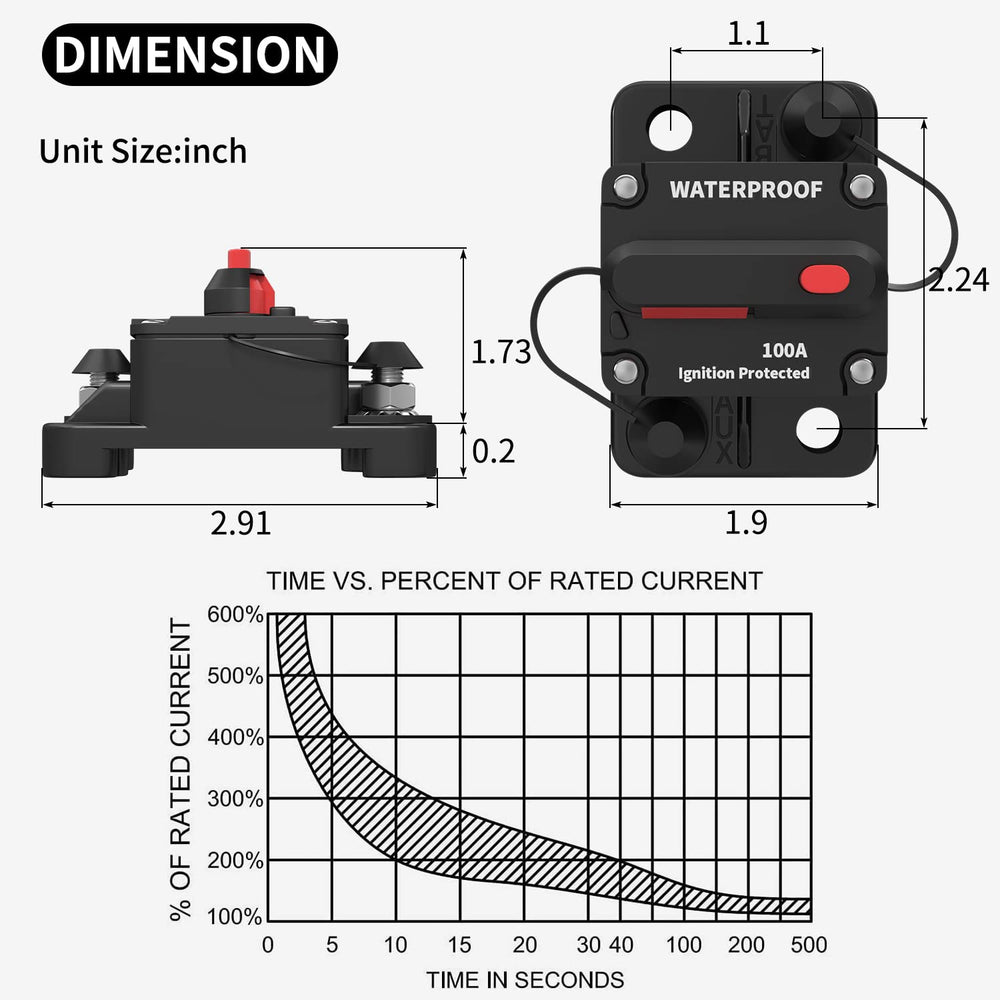 DaierTek 100 Amp Circuit Breaker 12V - 48V, DC 12 Volt Circuit Breaker 100A Inline with Manual Reset Waterproof for Marine Boat Trolling Automotive Car RV ATV Audio-2Pack