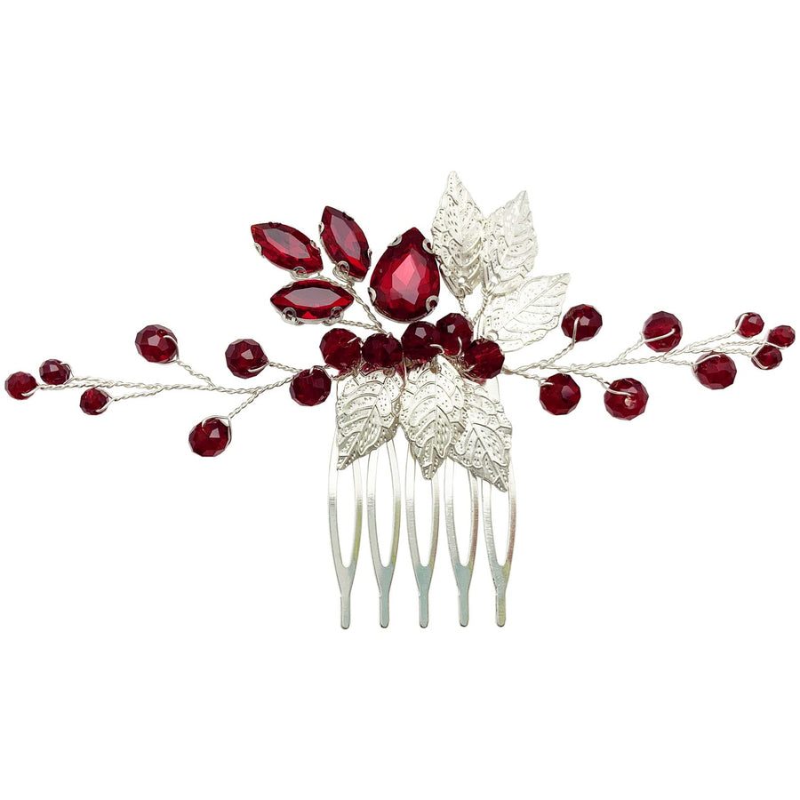 Bridal Hair Comb Emerald Green Crystal Gold Leaf Vine Hair Piece Accessories for Wedding Bride Women Party (Wine Red)