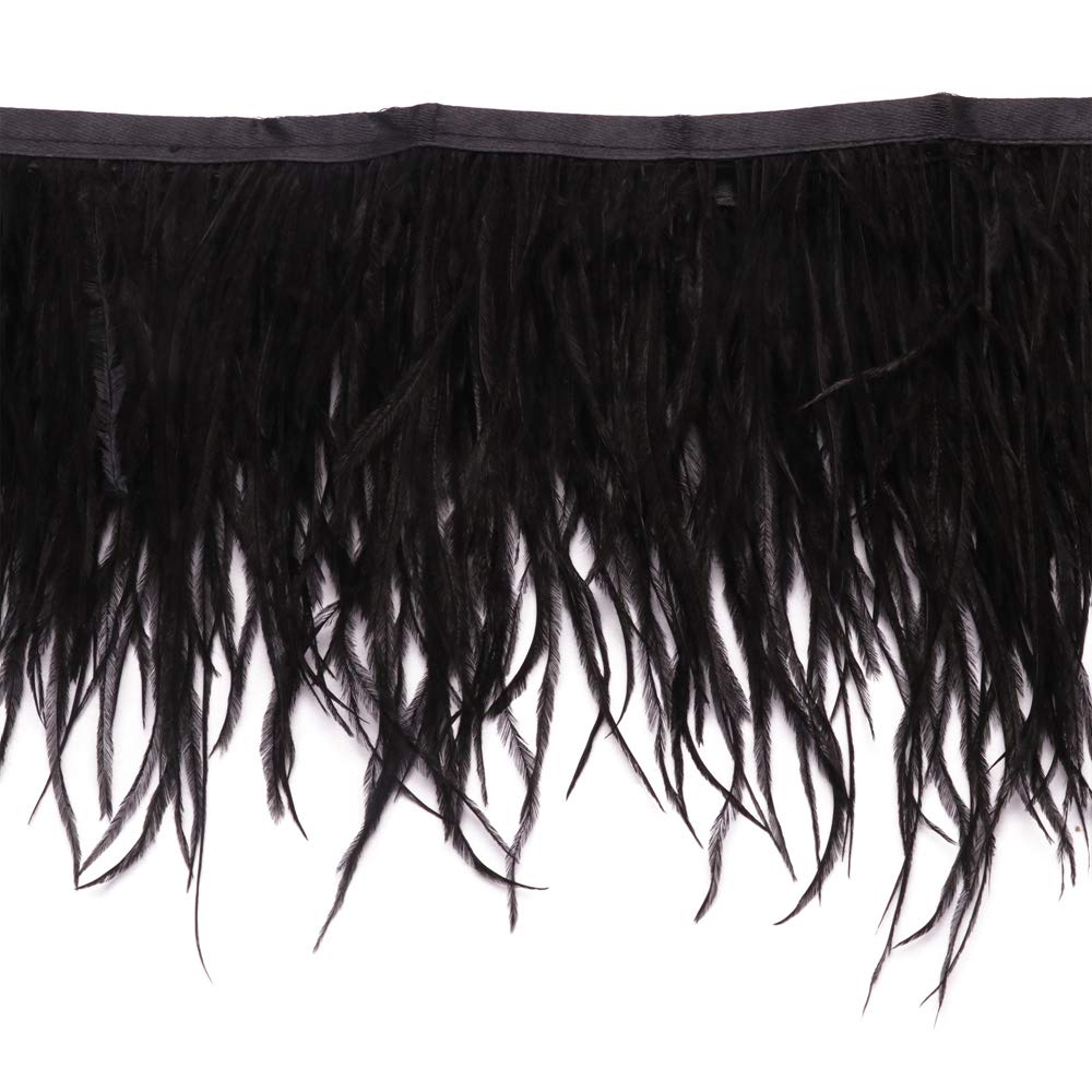 Ostrich Feathers Sewing Fringe Trim Ribbon for Crafts Clothes Accessories Latin Wedding Dress DIY 2 Yards 4-6inch Width (Black)
