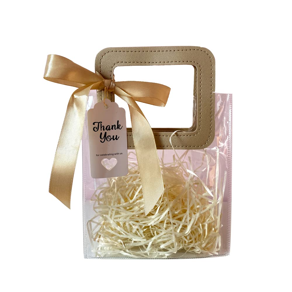 Mollytek 10 Pcs Clear Gift Bag with Handle, Transparent PVC Gift Bag with Raffia/Ribbon and Thanks Card, Reusable Gift Wrap Bag for Christmas, Wedding, Baby Shower Birthday Party (Champagne)