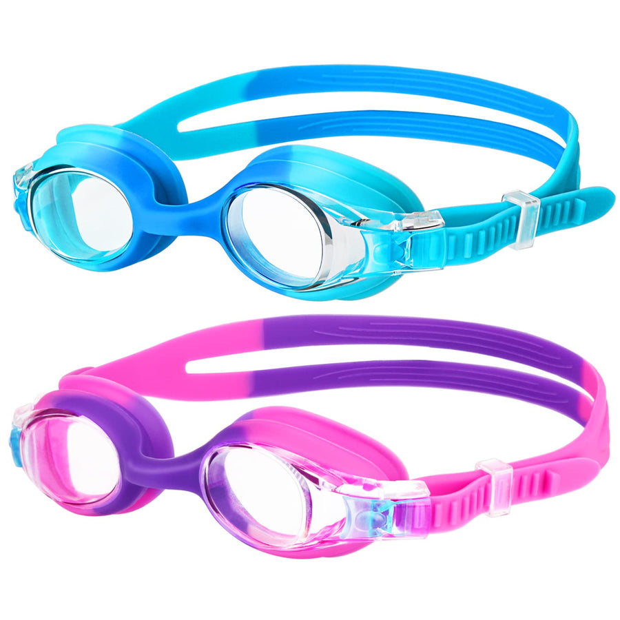 Kids Swim Goggles, 2 Pack Portable Swimming Goggles No Leaking Anti Fog Kids Goggles for Boys Girls(Age 6-14), Blue & Purple Pink