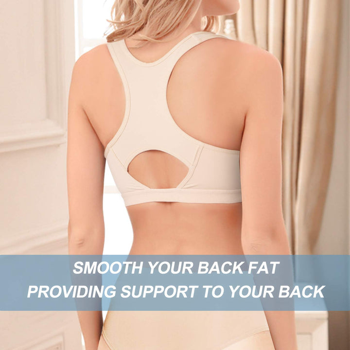 Women Post Surgery Bra Front Closure Sport Bra Removable Pads Wirefree (Nude, Large)