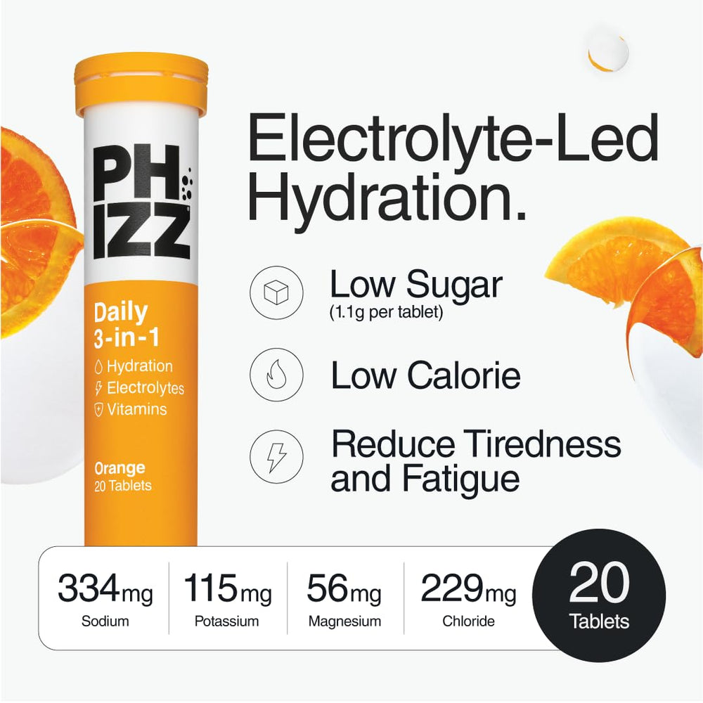 Electrolyte Multivitamin Rehydration Tablets - 19 Vitamins & Minerals, Energy Boost (Orange, 20 Tablets)