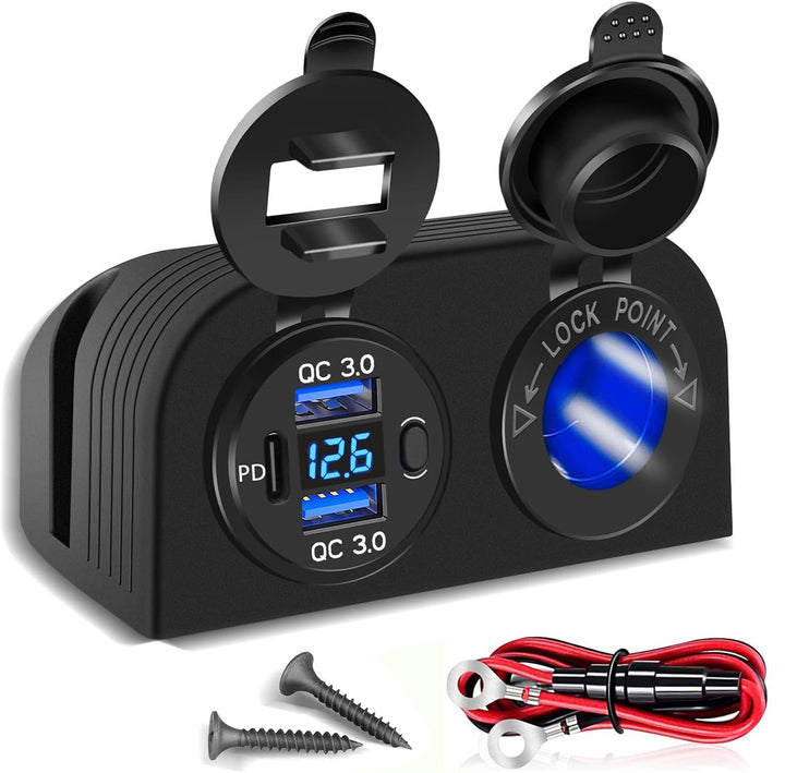 [Upgraded] Tent Type Panel 12V USB Outlet, Quick Charge PD3.0&amp; Dual USB 3.0 Car Charger with LED Voltmeter &amp; Switch+12V/24V Cigarette Lighter Socket for Car Motorcycle Boat Marine ATV RV