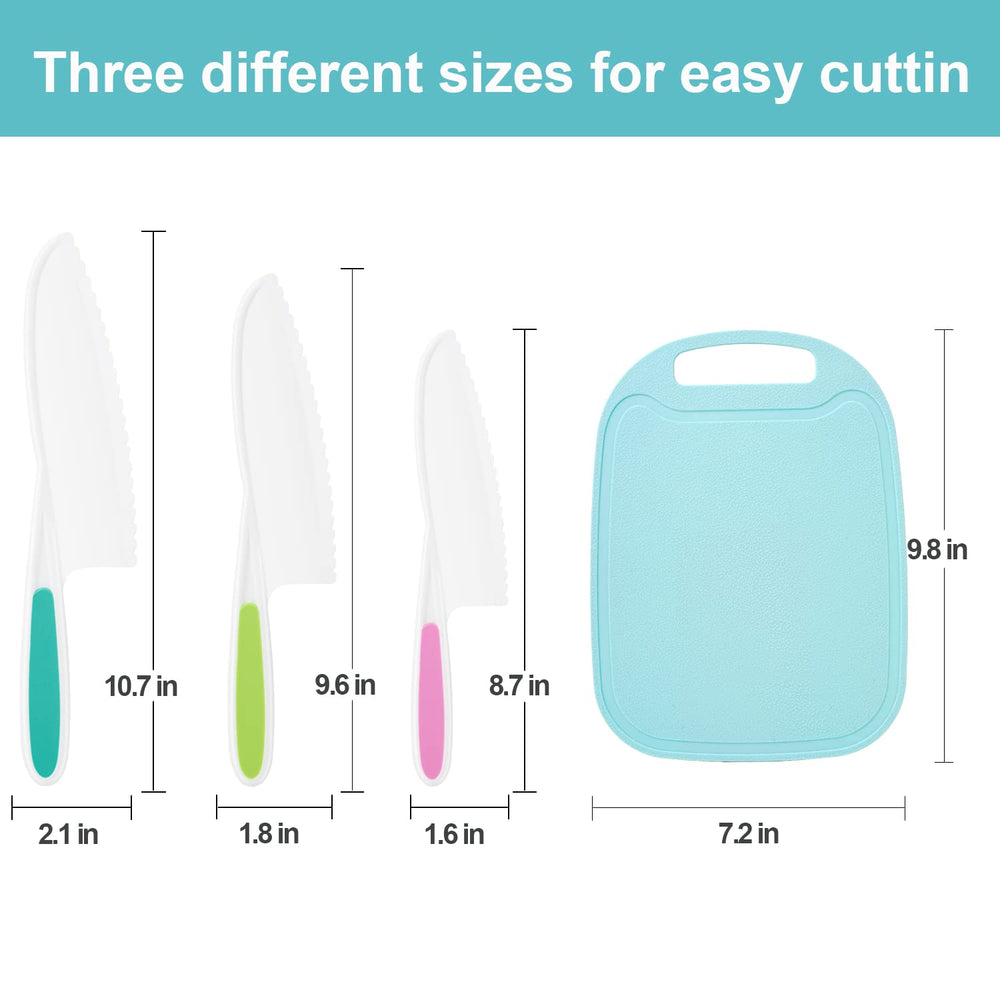 Kids Knife 4-Piece with Cutting Board - Toddler Knife Set Children's Cooking Nylon Knives - Serrated Edges and Firm Grip Suitable for Cutting Salad, Fruit, Cake, Lettuce (3 Sizes & Colors)