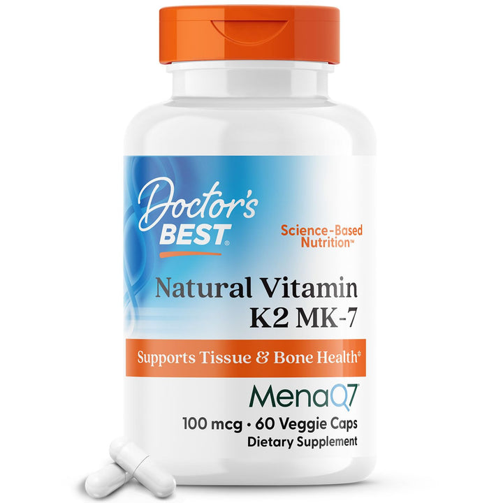 Doctor&#39;s Best Natural Vitamin K2 Mk-7 with MenaQ7, 100mcg Vitamin K2 Supplement Supports Bone Health, Non-GMO, 60 Veggie Capsules