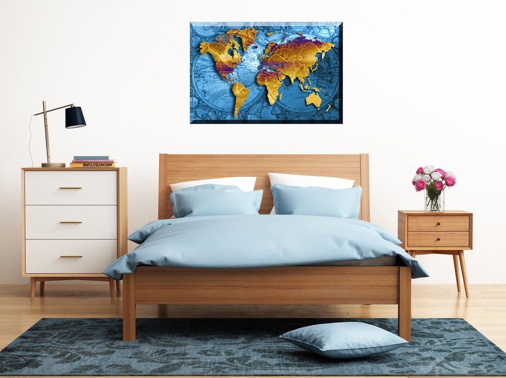 World Map Wall Art for Living Room, PIY Old Nautical Canvas Prints Decor, Retro Painting Home Decorations (Large, 1 Thick Frame, Waterproof Artwork, Bracket Mounted Ready to Hang)