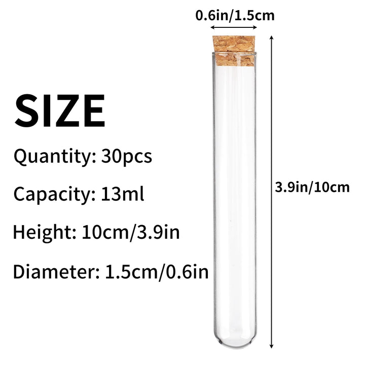 30pcs 13ml Glass Test Tubes with Cork Stoppers, 15×100mm Small Clear Glass Test Tubes for Scientific Experiments, Plant Propagation and Holiday Gifts