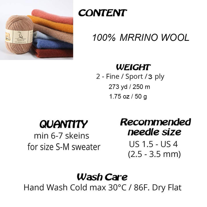 TEHETE 100% Merino Wool Yarn for Knitting 3-Ply Luxury 