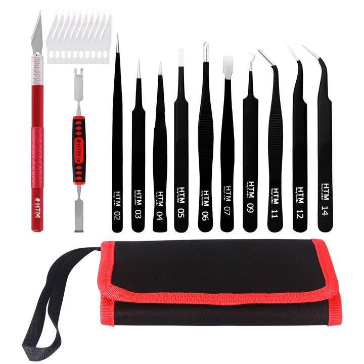 Precision Tweezers Set Anti-static ESD Tweezers Kit, Equipped with carving knife, metal crowbar and storage bag (12 PCS)