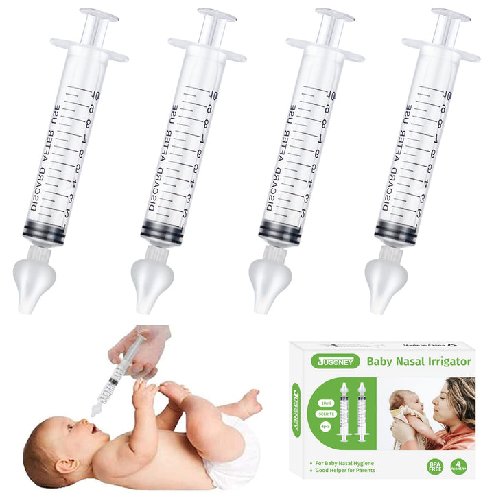 JUSONEY Baby Nose Syringe - Professional Fly Baby Irrigator with Clean and Reusable Silicone Nose Tips (2 Pieces)