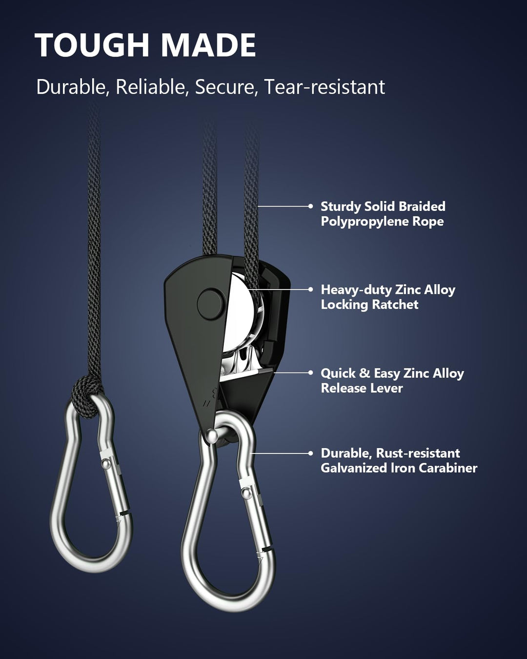 Retractable Heavy Duty Ratchet Tie Down Straps [2 Pack, 8ft, 75lbs/Pack], Rope Pulley System with Carabiner Hook for Hanging Plants/Grow Light/Tents Various Tie-Down Uses