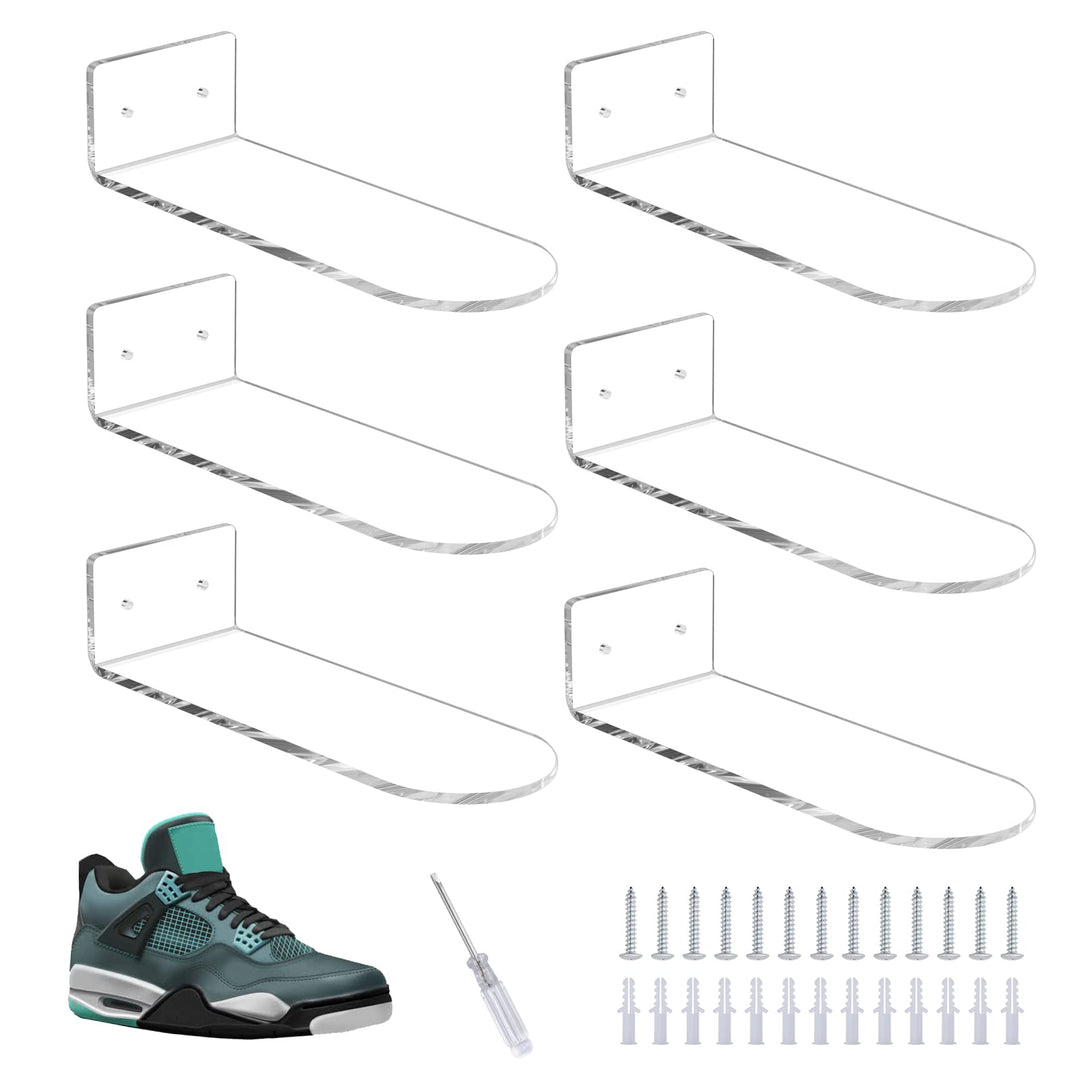Acrylic Floating Clear Sneaker Shelves Wall Mount Set of 6 for Shoe Display,Floating Shoe Display Shelves for Bedroom, Gaming Room, Living Room,entrance hall