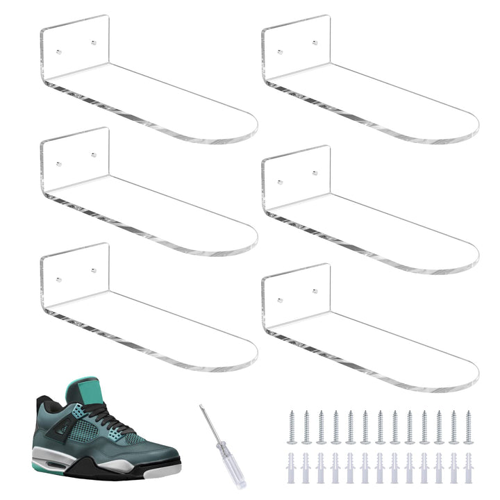 Acrylic Floating Clear Sneaker Shelves Wall Mount Set of 6 for Shoe Display,Floating Shoe Display Shelves for Bedroom, Gaming Room, Living Room,entrance hall