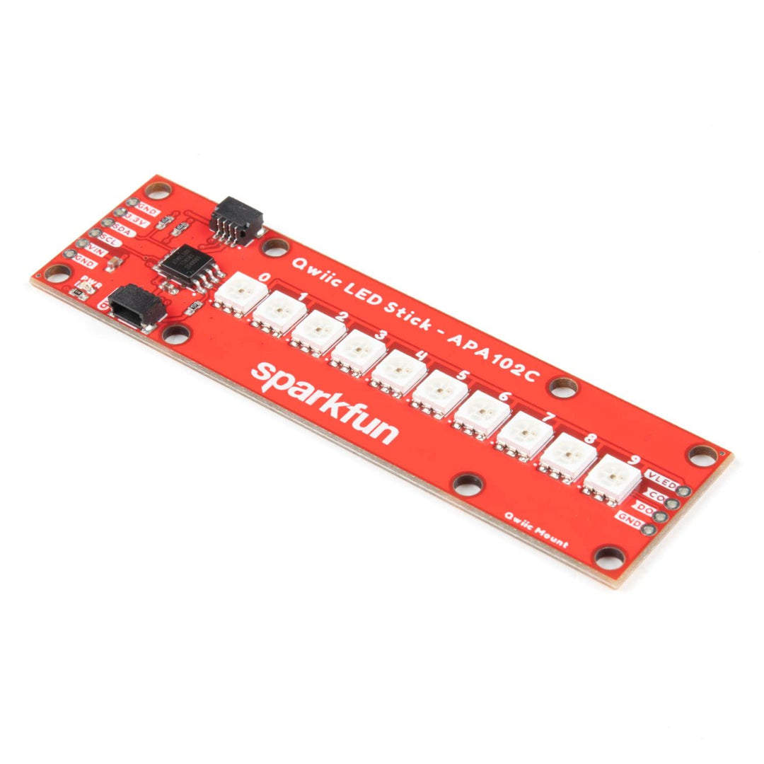 Qwiic LED Stick APA102C - Features 10x addressable APA102 LEDs Add Full Color LED Control Using I2C Includes Two Qwiic connectors Solderless Board Simply Plug and go