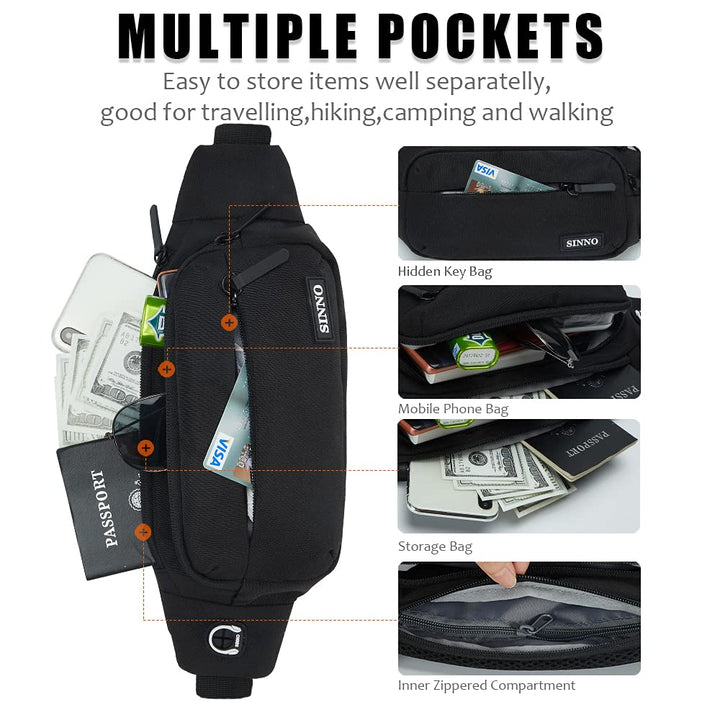 Black Fanny Packs for Women Men Fashionable Waterproof Belt Bag Gifts for Running Sport Workout Hiking Travel Crossbody Plus Size Waist Pack Phone Bag Wallets Purse Carrying All Phones