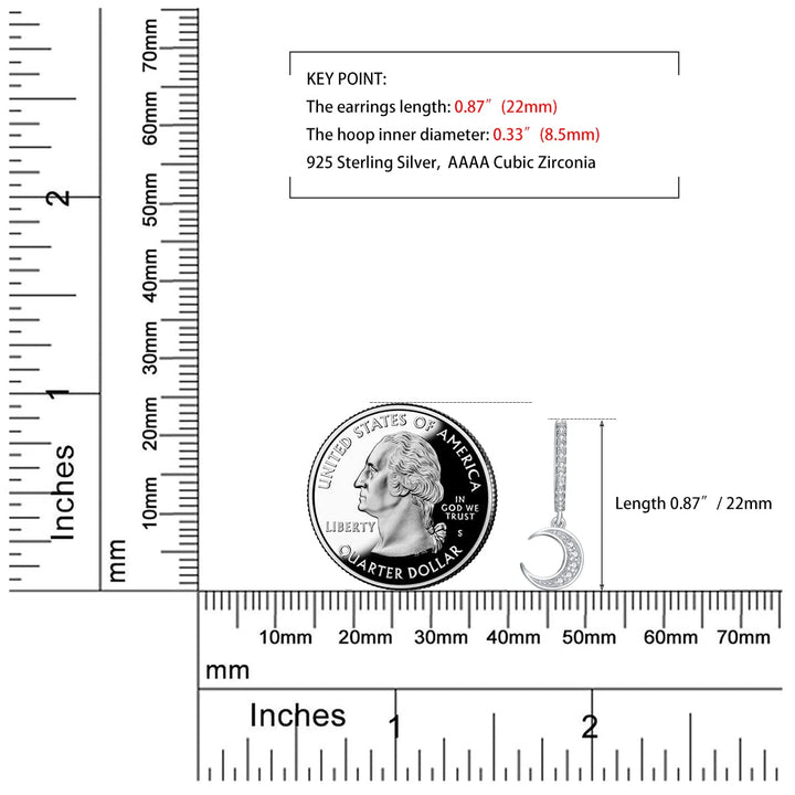 Moon Star Hoop Dangle Earrings for Women, Small Huggie Hoop Earring with Cubic Zirconia Charm for Her in Sterling Silver (Silver)