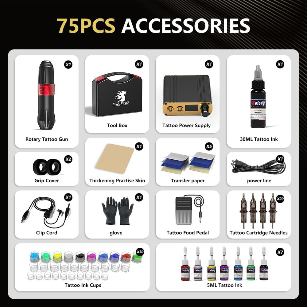 Tattoo Gun Kit, Gun Starter Kit with Anti-fatigue Mode Power Supply with 20pcs Different Type Needles Cartridges for Tattoo Artist with Portable Tool Case
