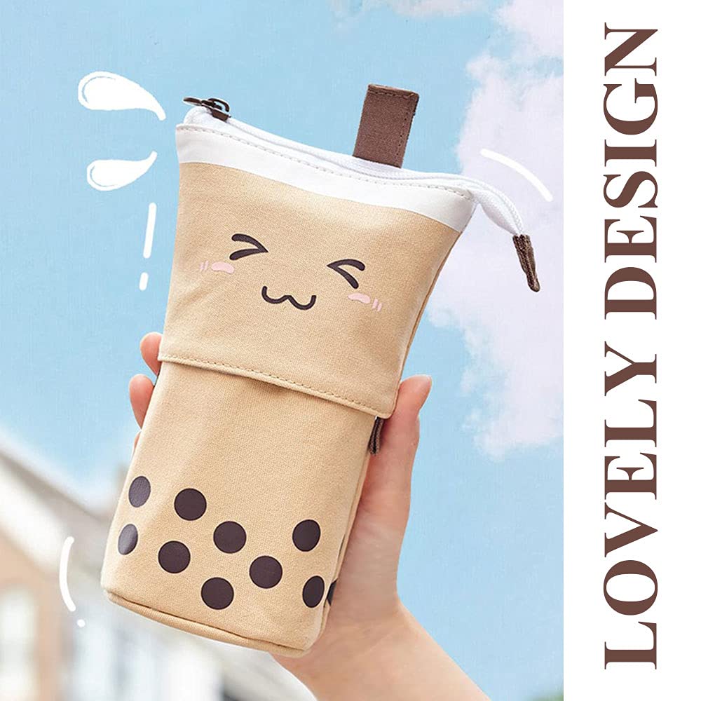 Cute Standing Pencil Case for Kids, Pop Up Pencil Box Makeup Pouch, Christmas Gift Kids Corduroy Pen Holder Organizer Cosmetics Bag, Kawaii Stationary (Brown)