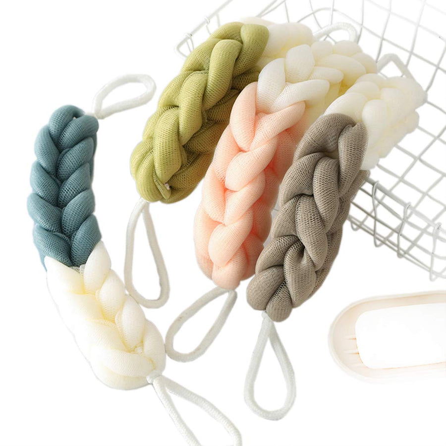 4 Packs Long Stretch Back Sponge with Rope Handles Back Scrubber Bath Shower Mesh Sponge Exfoliating Body Scrub Stretch Braided Loofah for Men and Women (1 White+1 Grey+1 Pink+1 Lotus Pink