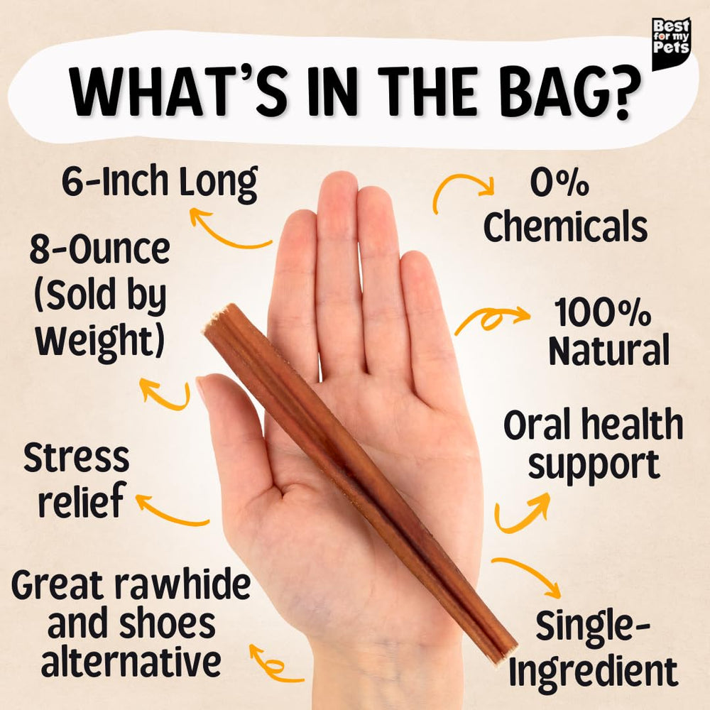 Odor Free Bully Sticks, Long-Lasting Chews to Keep Puppies and Dogs Happily Busy, All-Natural Fully Digestible, 6-Inch Long, 8-Ounce Bag